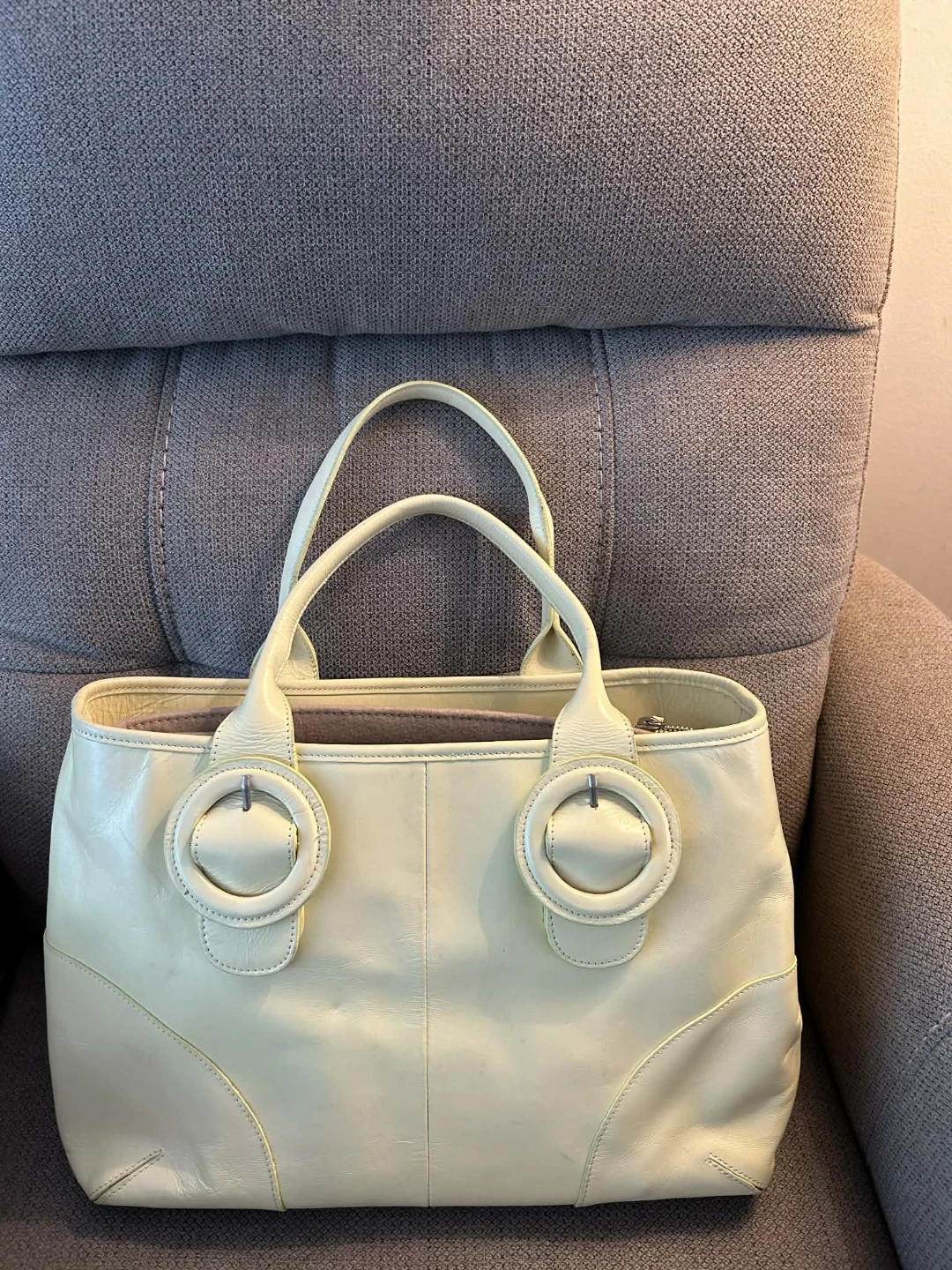 Pale Yellow Leather Tote Bag with Organizer