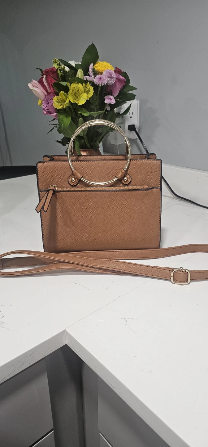 Brown Satchel Handbag with Gold Ring Handle