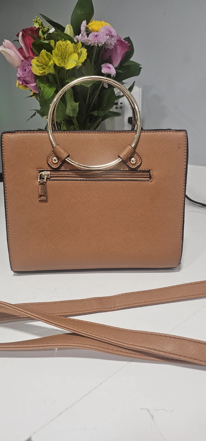 Brown Satchel Handbag with Gold Ring Handle - photo 2