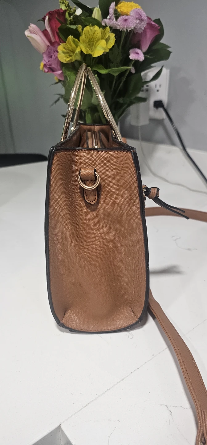 Brown Satchel Handbag with Gold Ring Handle - photo 3
