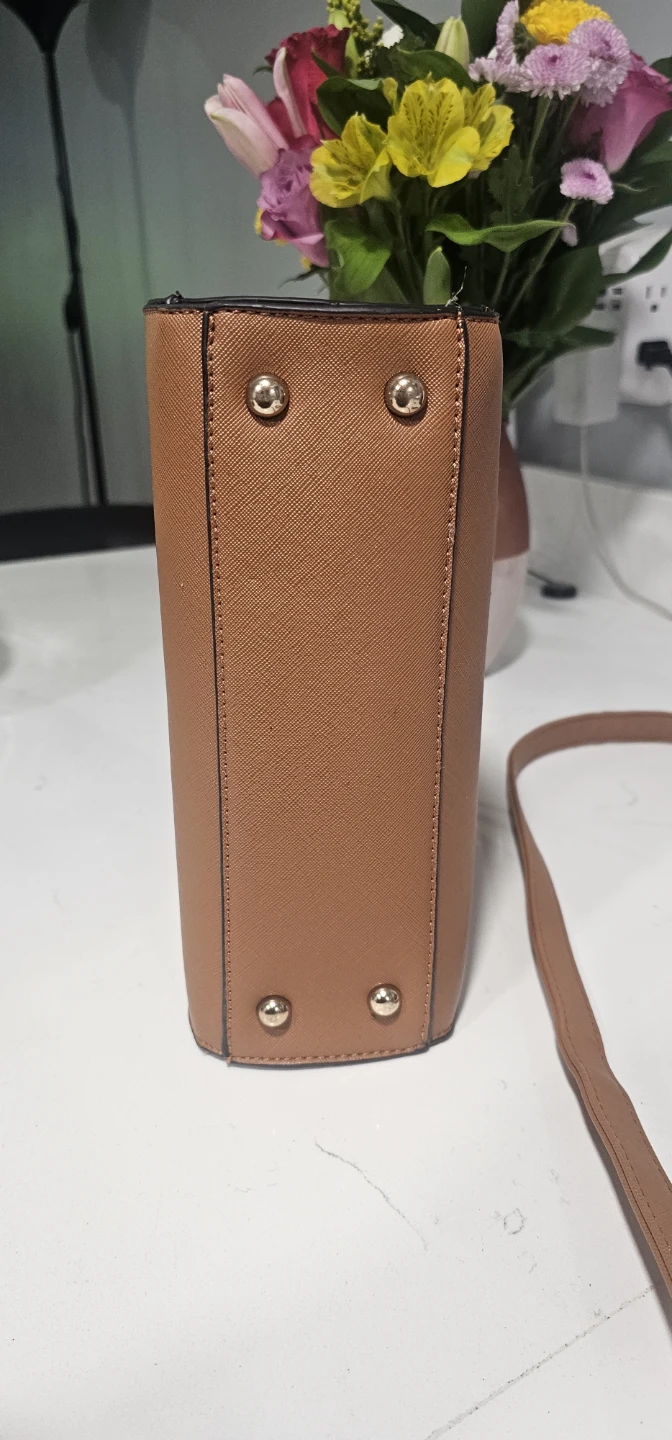 Brown Satchel Handbag with Gold Ring Handle - photo 4