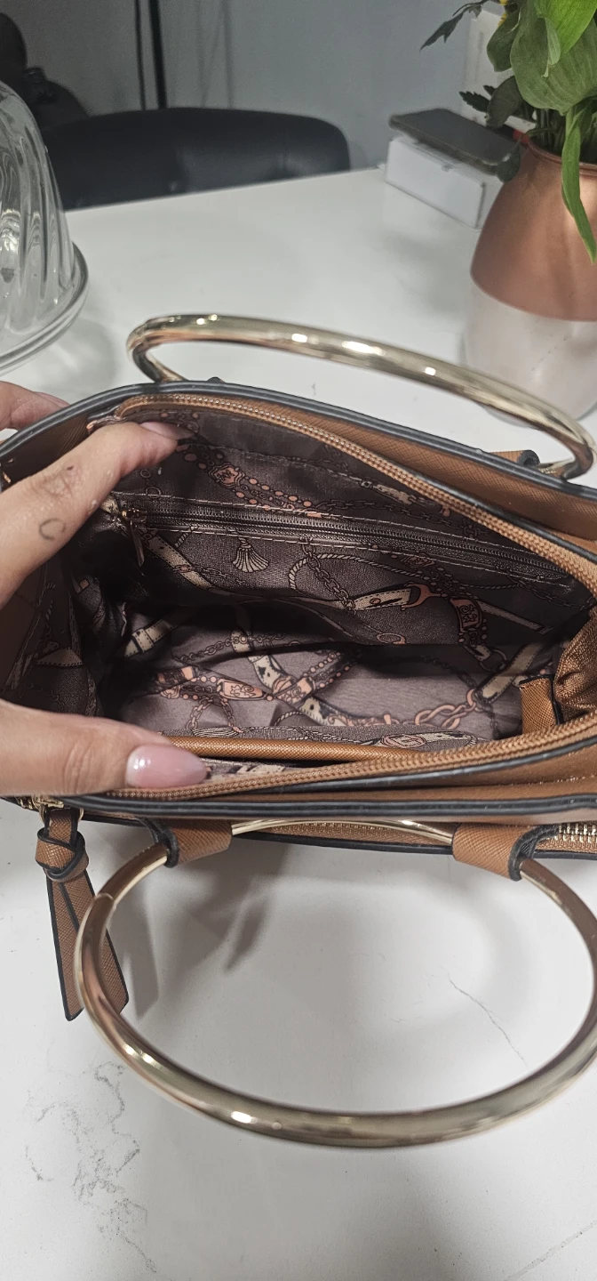 Brown Satchel Handbag with Gold Ring Handle - photo 5