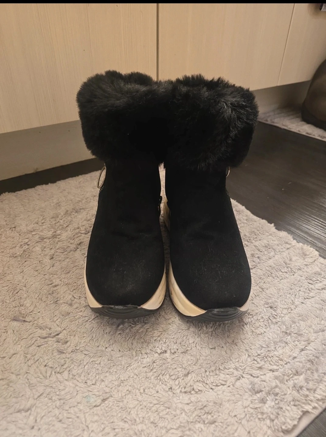 Black Faux Fur Trim Ankle Boots with Zipper Detail - photo 2
