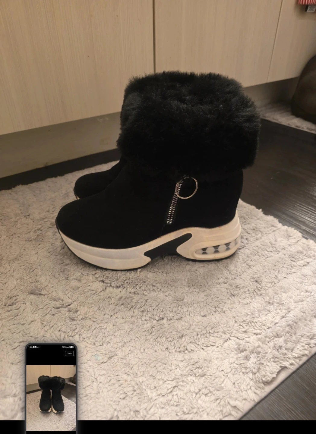 Black Faux Fur Trim Ankle Boots with Zipper Detail - photo 3