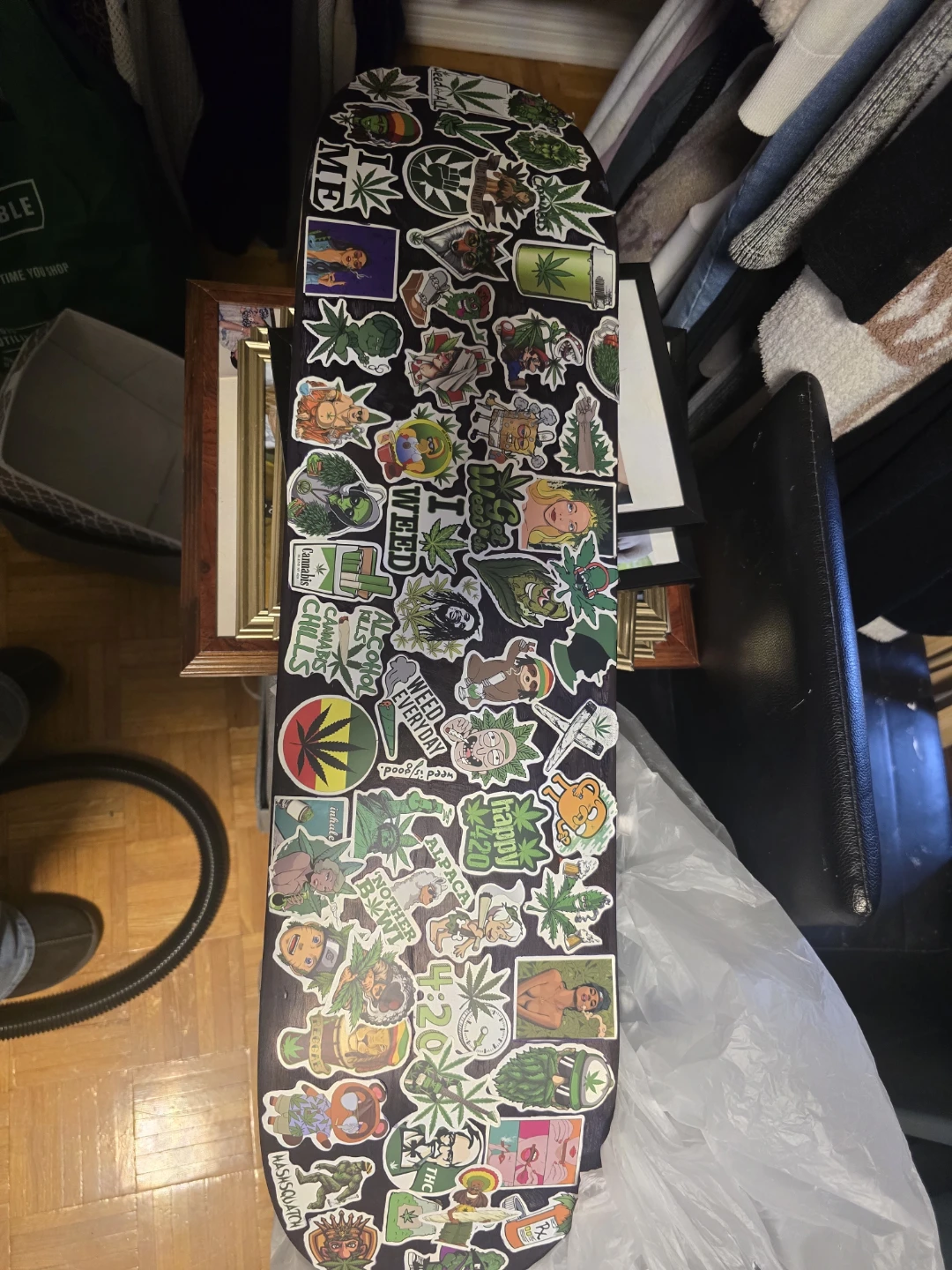 Skate board with stickers