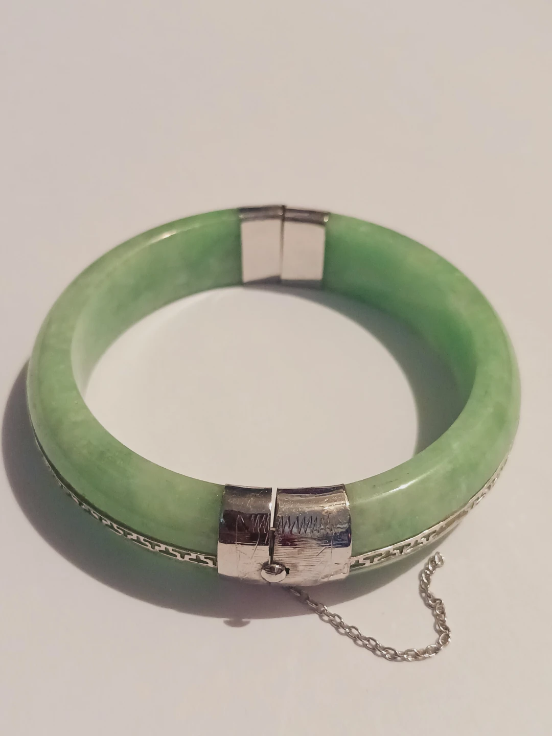 Sterling Silver 925 Genuine Jade Hinged Bracelet