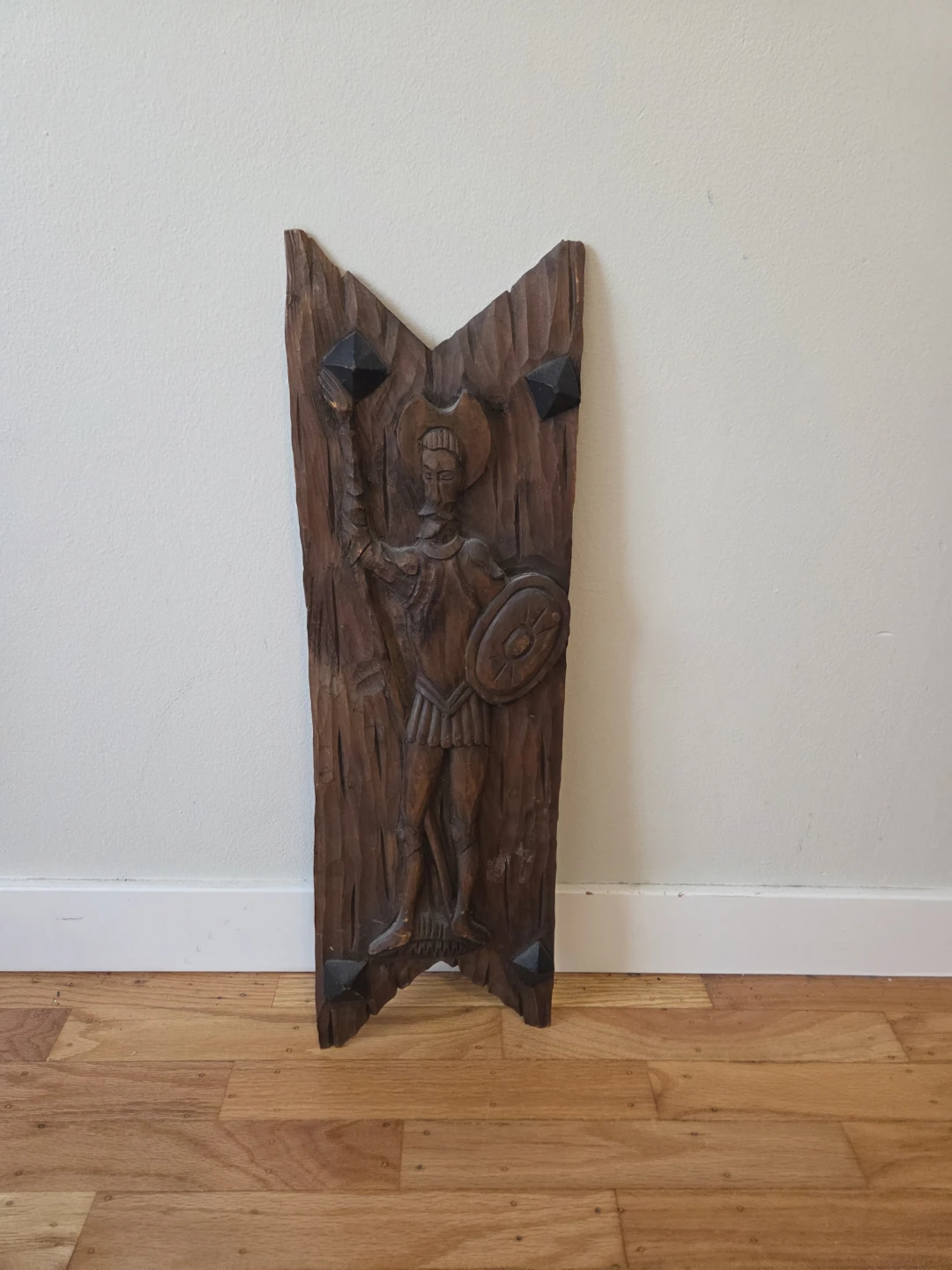Vintage hand-carved wooden wall plaque from Spain
