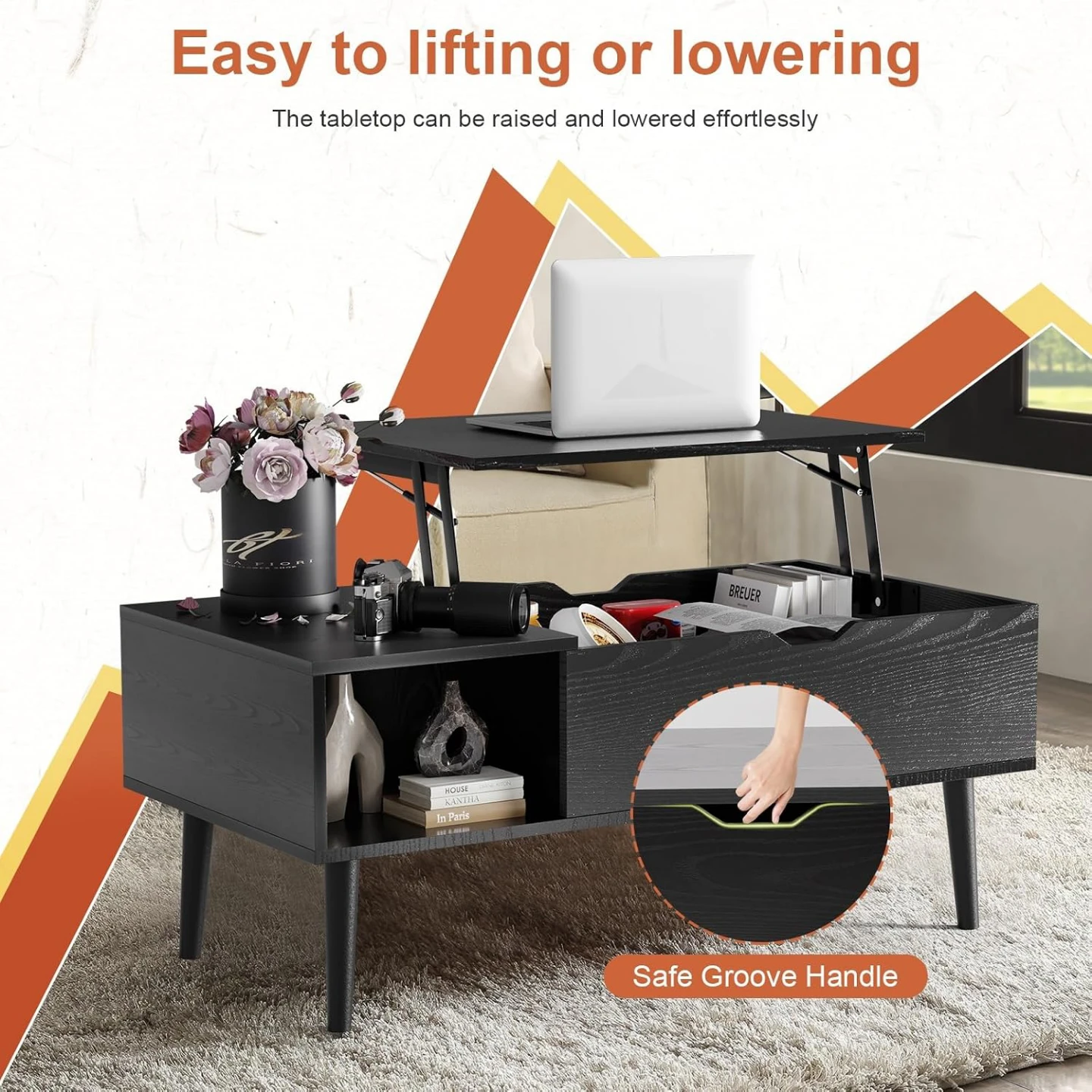 Black Lift Top Coffee Table with Storage - photo 3