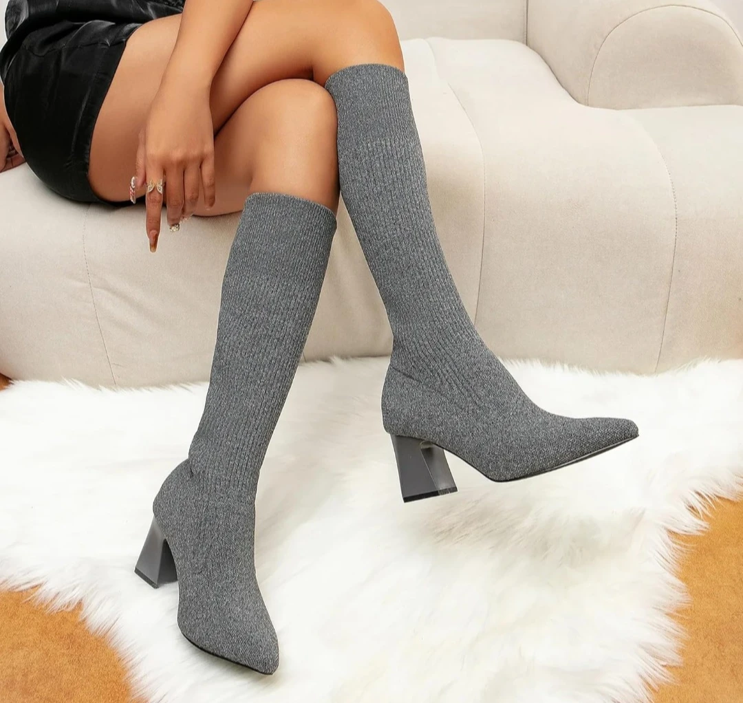 Grey Knit Knee-High Boots - photo 2
