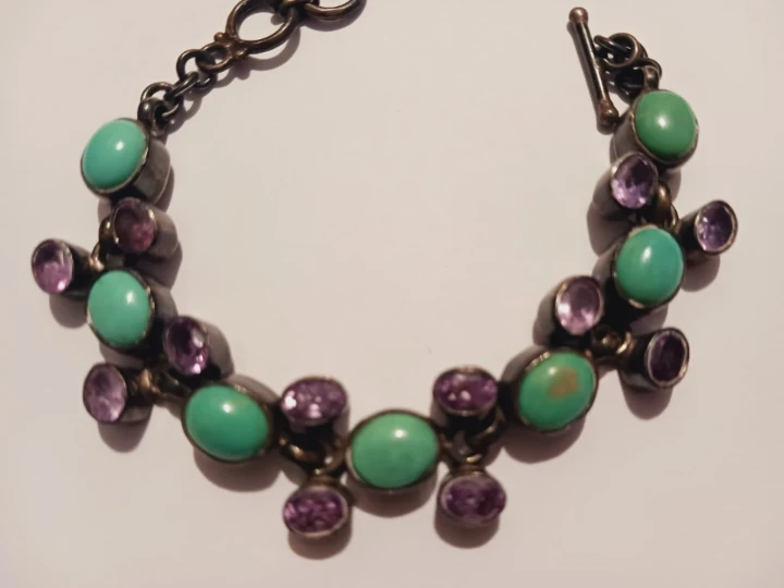 AF 925 STERLING SILVER GENUINE TURQUOISE & AMETHYST BRACELET