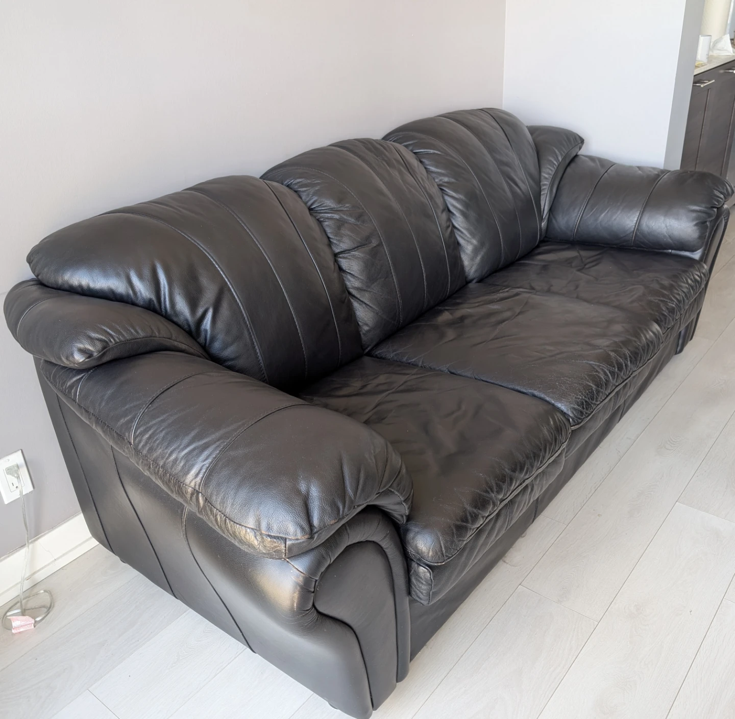Black Leather 3-Seater Sofa - photo 2