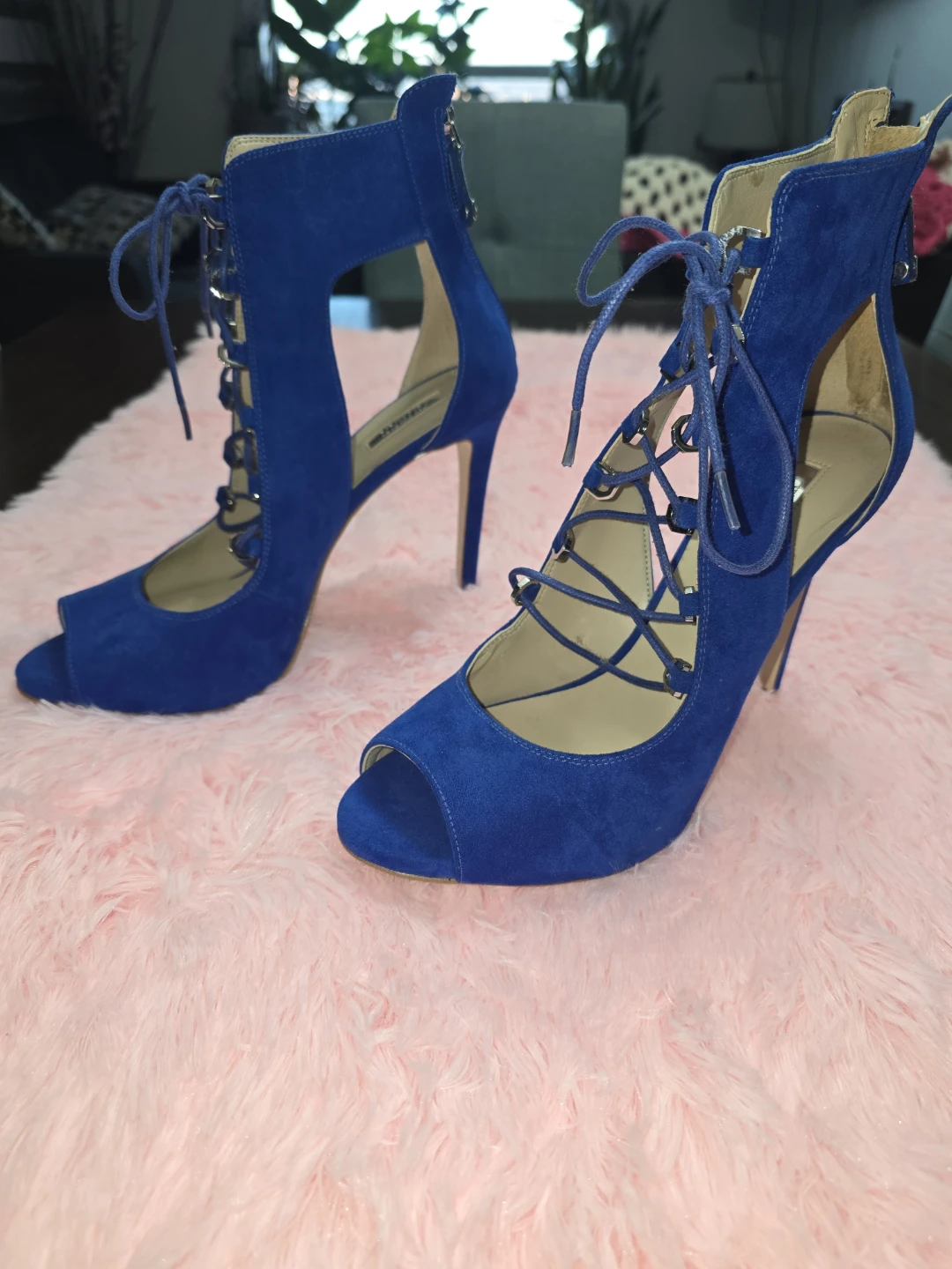 Blue Suede Lace-up Peep-toe Heels - photo 4