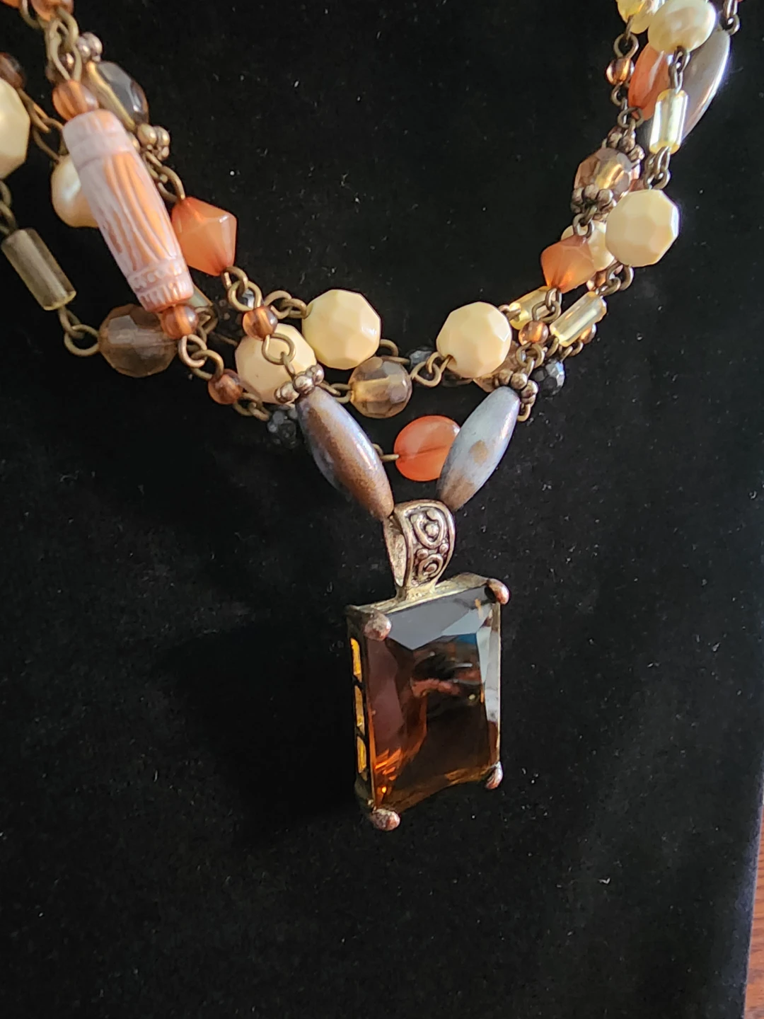 Layered Beaded Necklace with Large Brown Pendant - photo 2