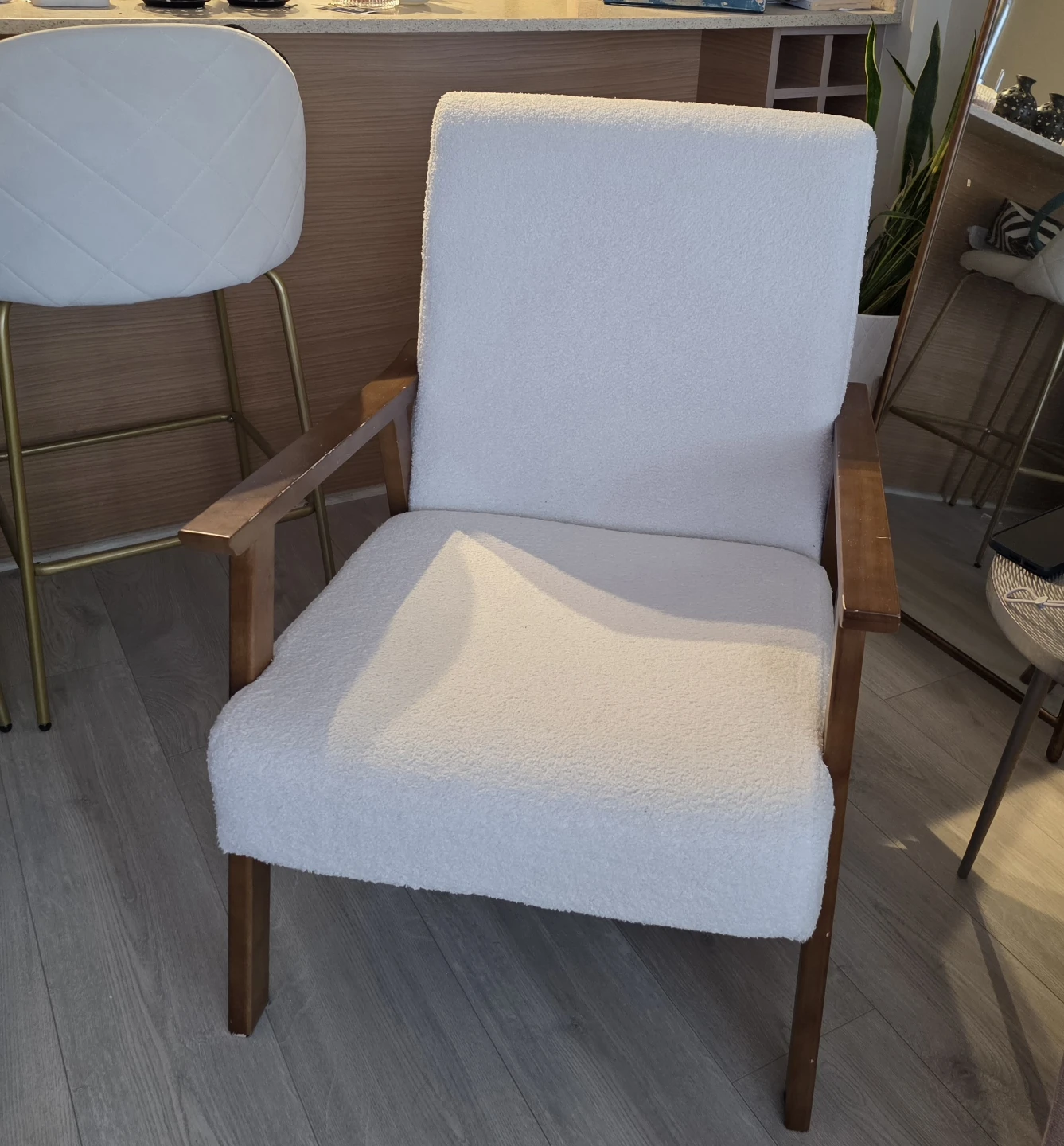 White Boucle Armchair with Wood Frame