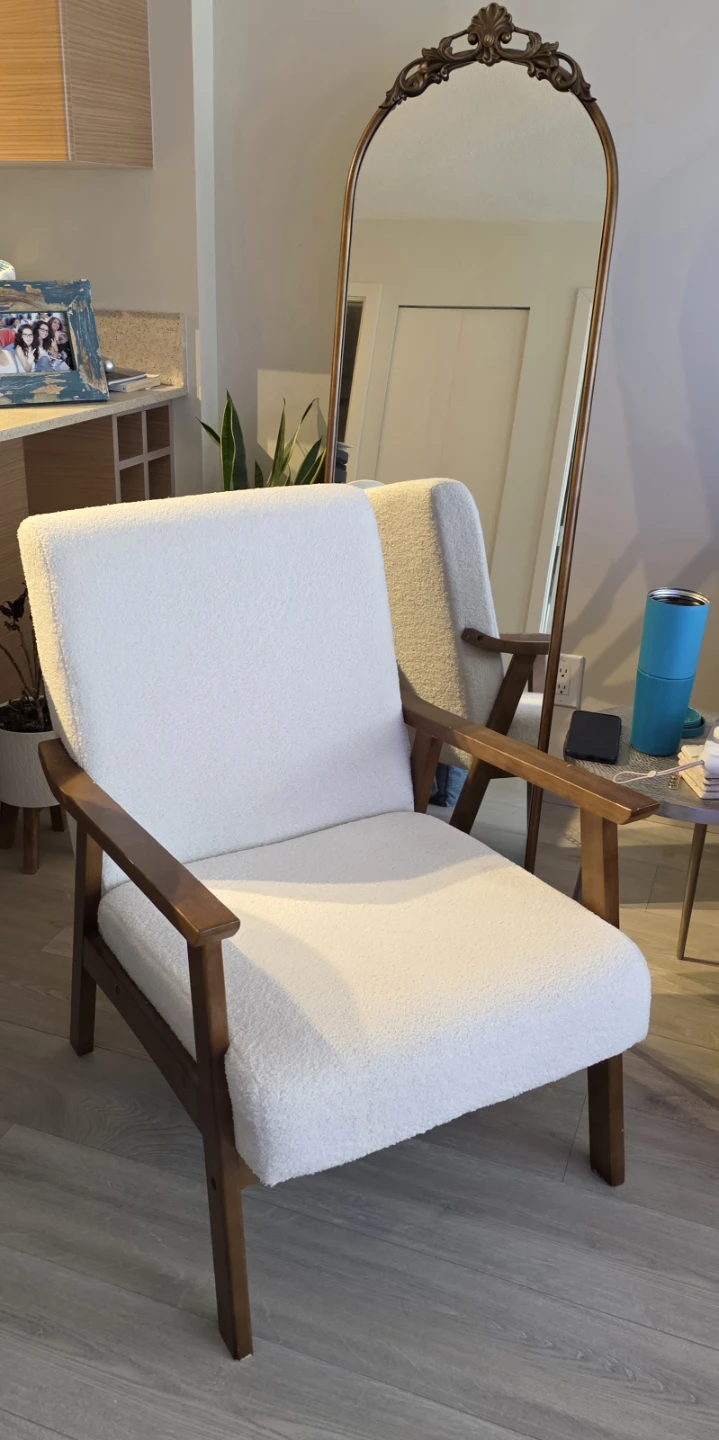 White Boucle Armchair with Wood Frame - photo 2
