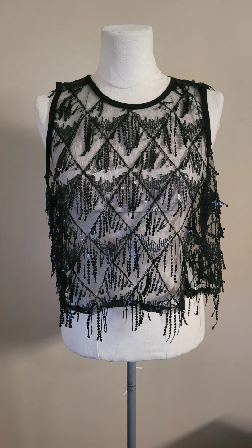 SHEIN Black Sequin Fringe Crop Top