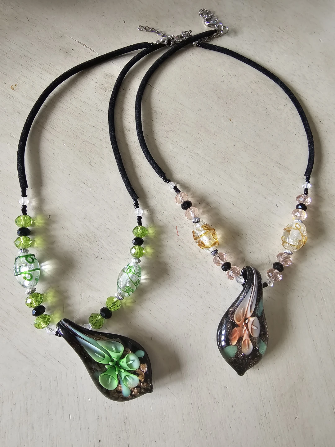 Set of 2 Handmade Glass Pendants on Black Cord Necklaces