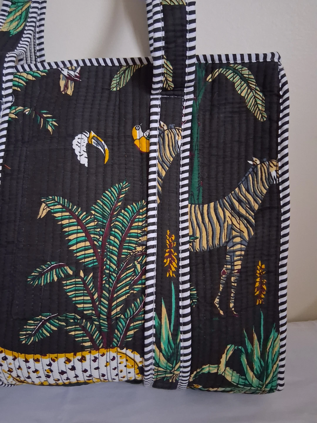 Quilted Black Tote Bag with Tropical Print - photo 3