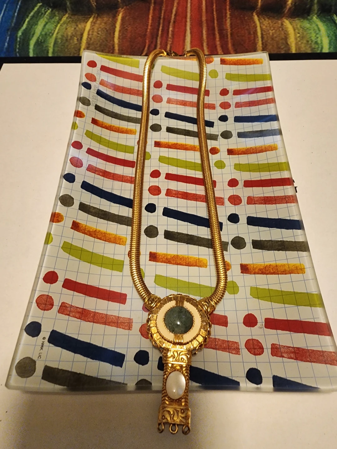 Gold Tone Necklace and Earring Set with Green Stone Accents