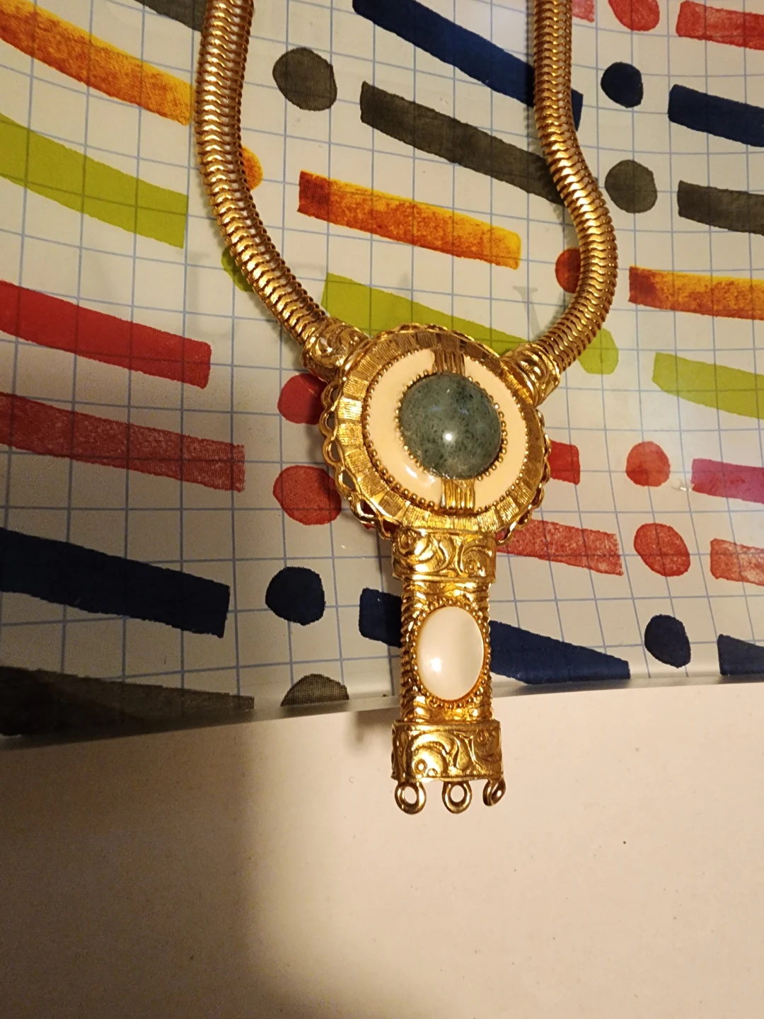 Gold Tone Necklace and Earring Set with Green Stone Accents - photo 2