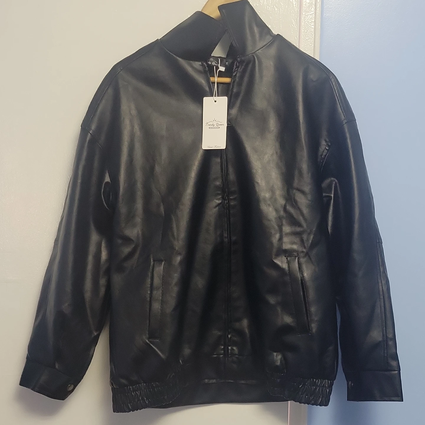 Trendy Queen Black Faux Leather Bomber Jacket