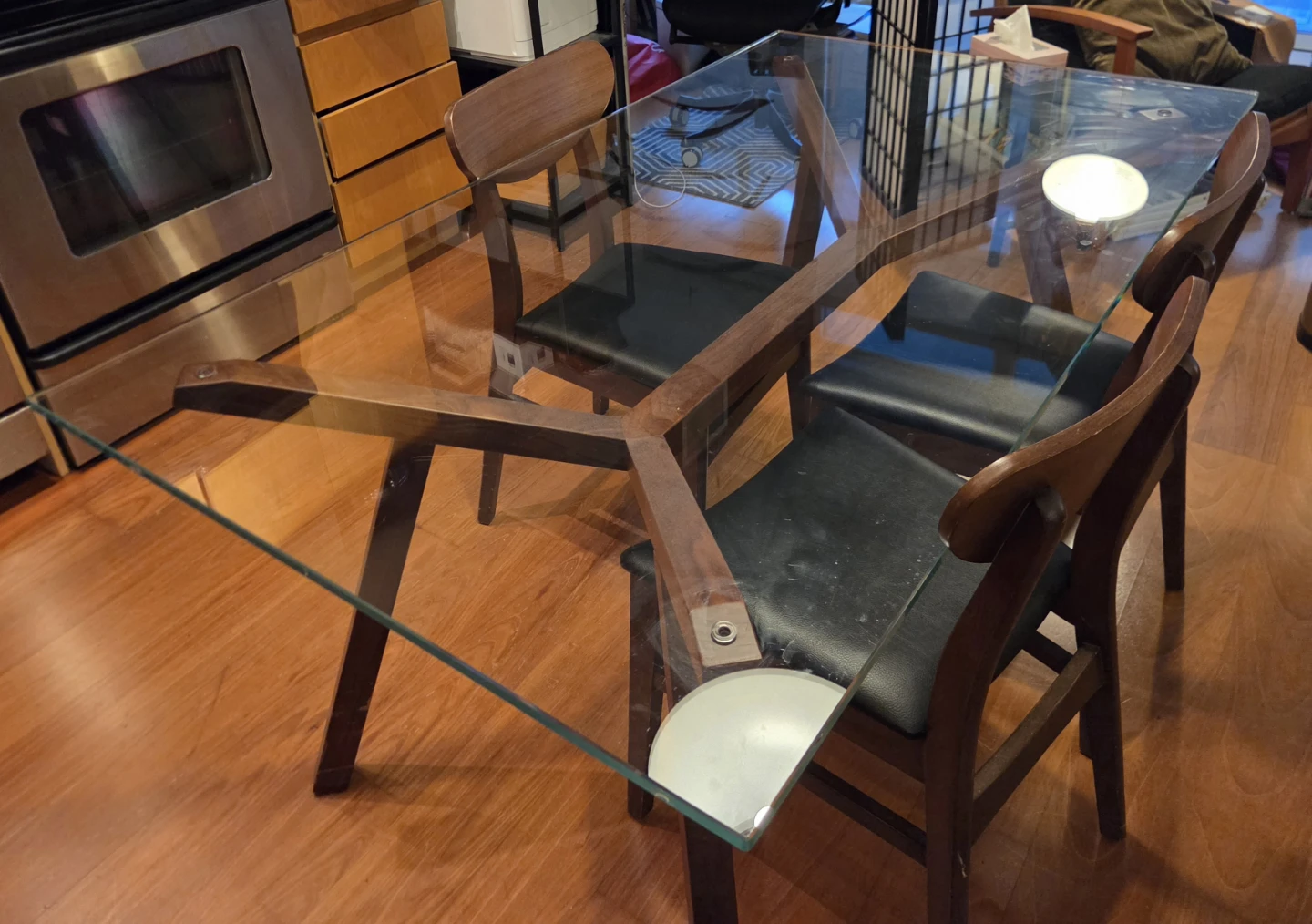 Glass Dining Table with Wooden Legs and 4 chairs