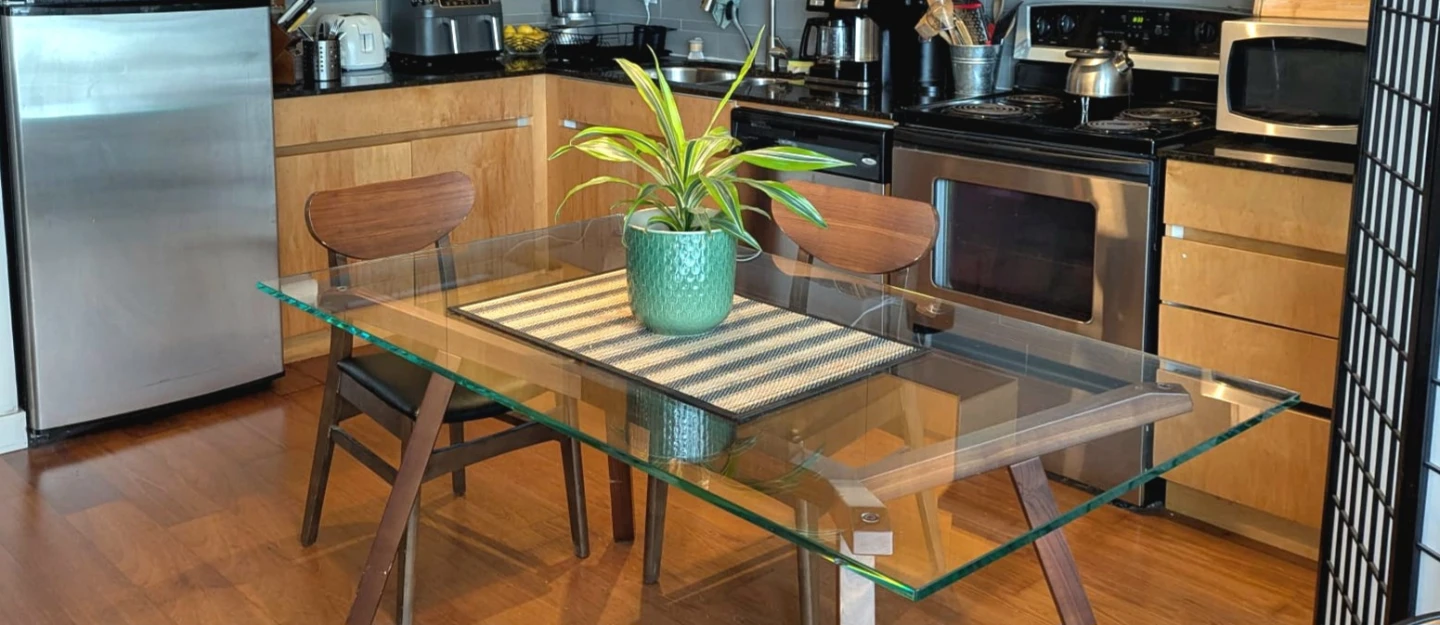 Glass Dining Table with Wooden Legs and 4 chairs - photo 4