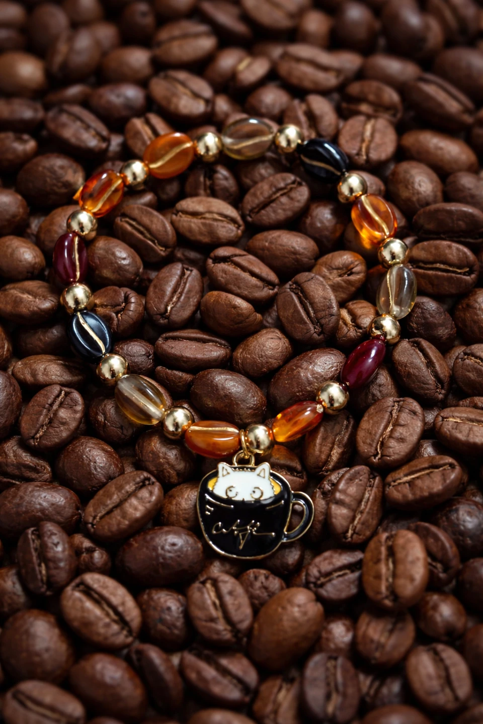Coffee Bean Beaded Bracelet with Cat Cafe Charm