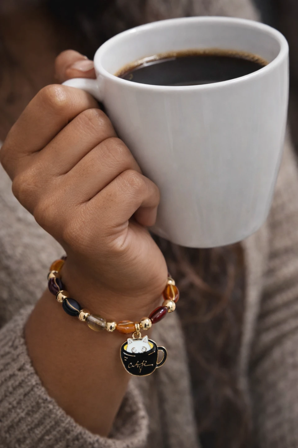 Coffee Bean Beaded Bracelet with Cat Cafe Charm - photo 2