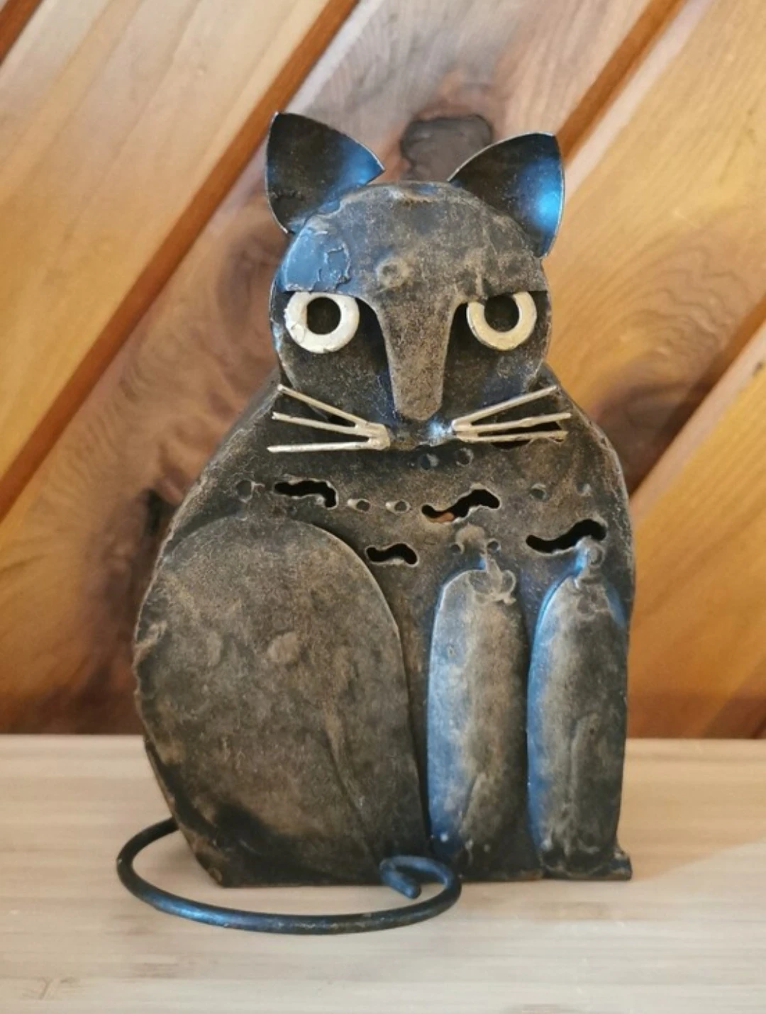 Vintage Rustic Folk Art Metal Cat Tealight Candle Holder Lantern