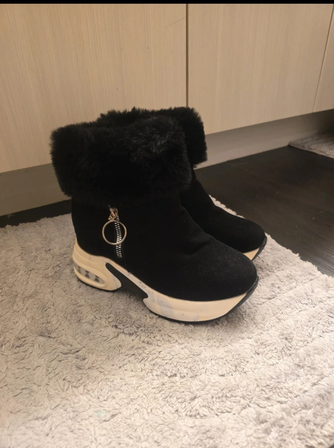 Black Faux Fur Trim Ankle Boots with Zipper Detail