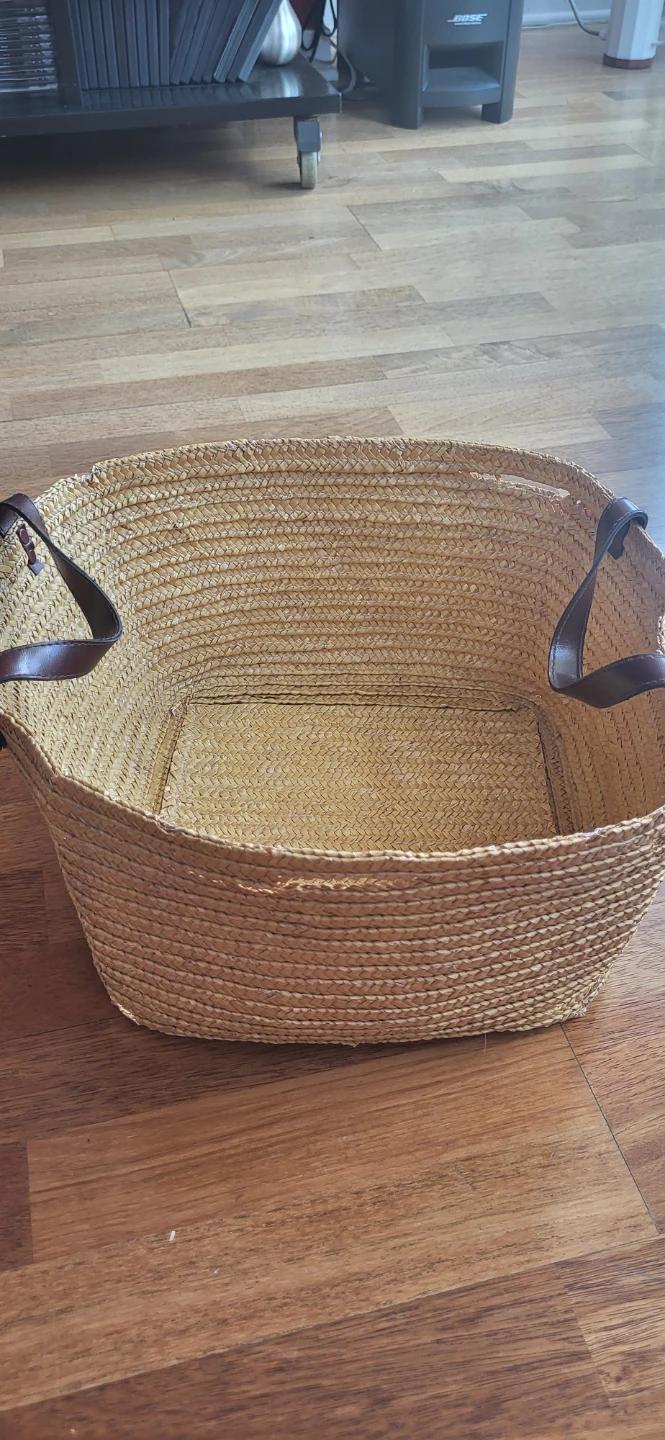 Woven Straw Basket with Leather Handles