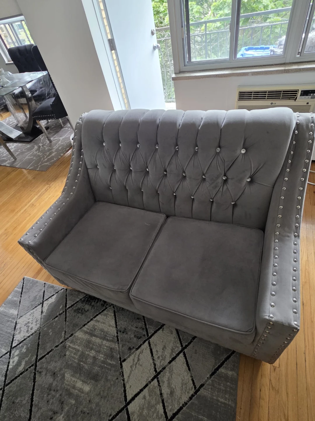 Grey Tufted Loveseat with Crystal Accents