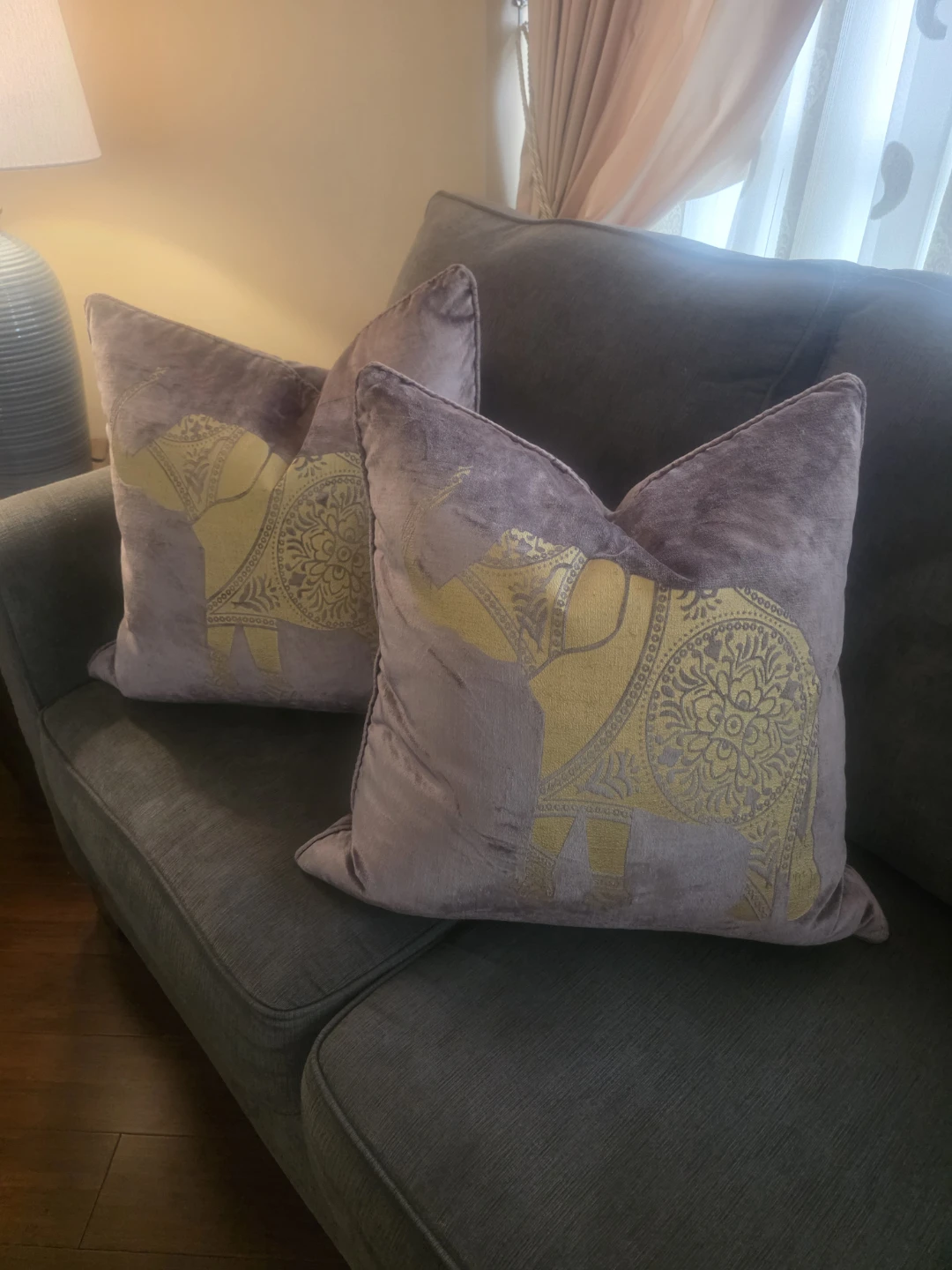 Purple Throw Pillows with Gold Elephant Design - Set of 2