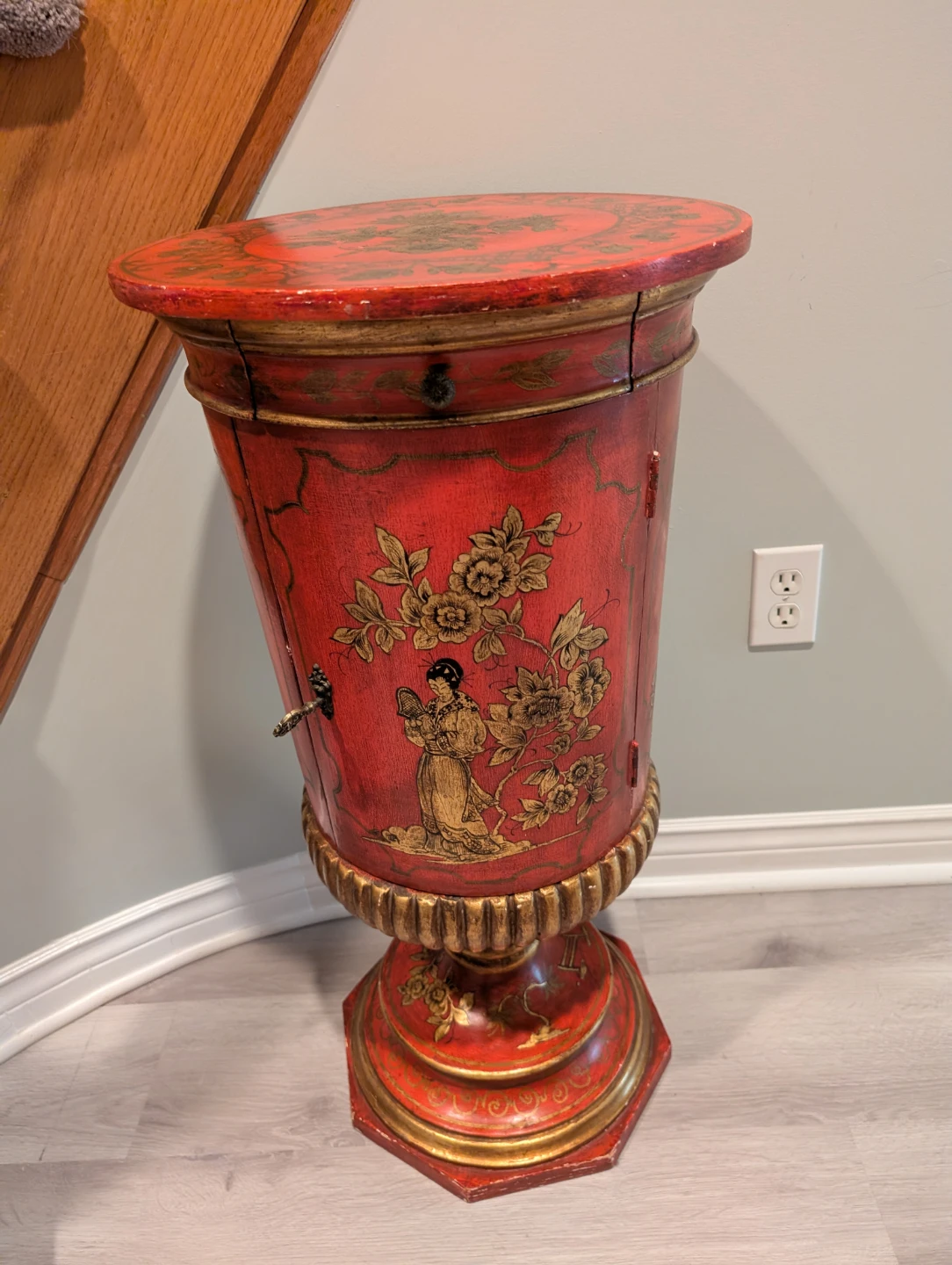 Red Decorative Pedestal Table with Drawer and Cabinet