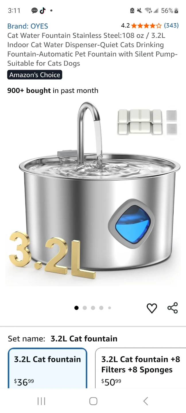 OYES Cat Water Fountain Stainless Steel 3.2L