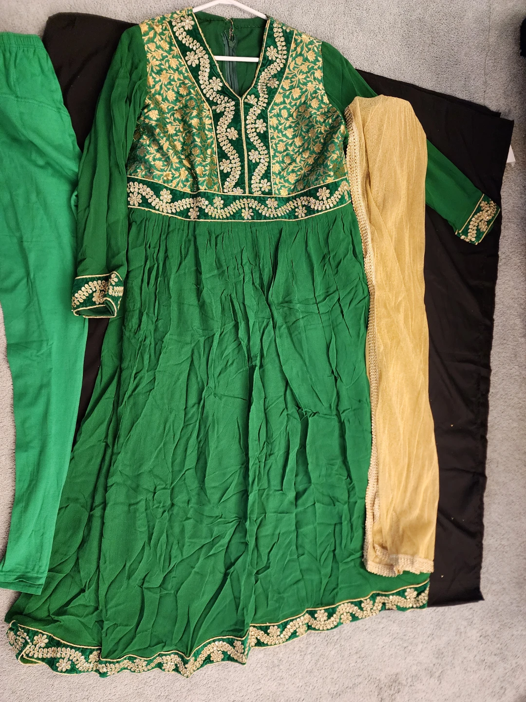 Green Embroidered Dress with Pants and Scarf