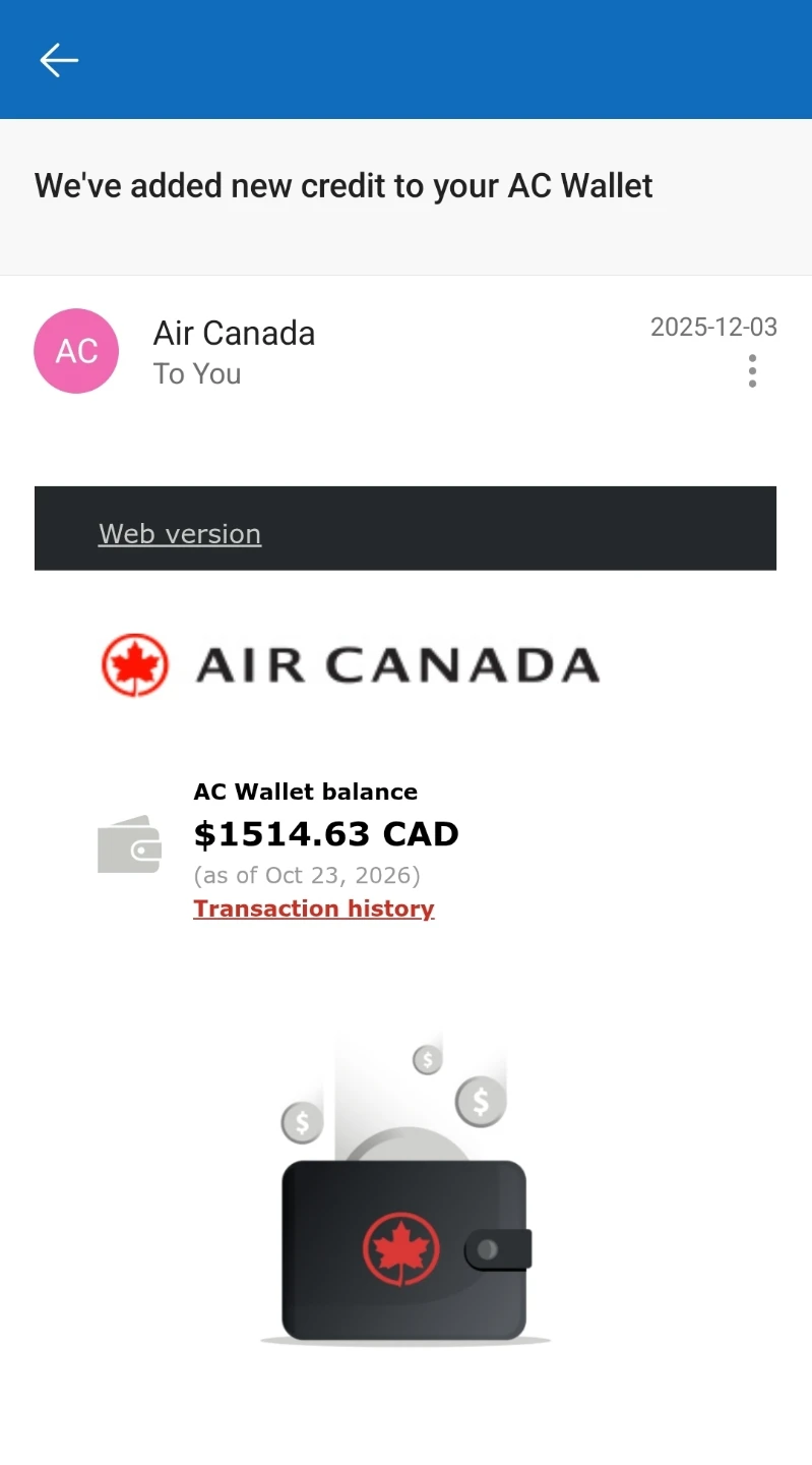 Air Canada AC Wallet Credit $1514.63 for just $1420