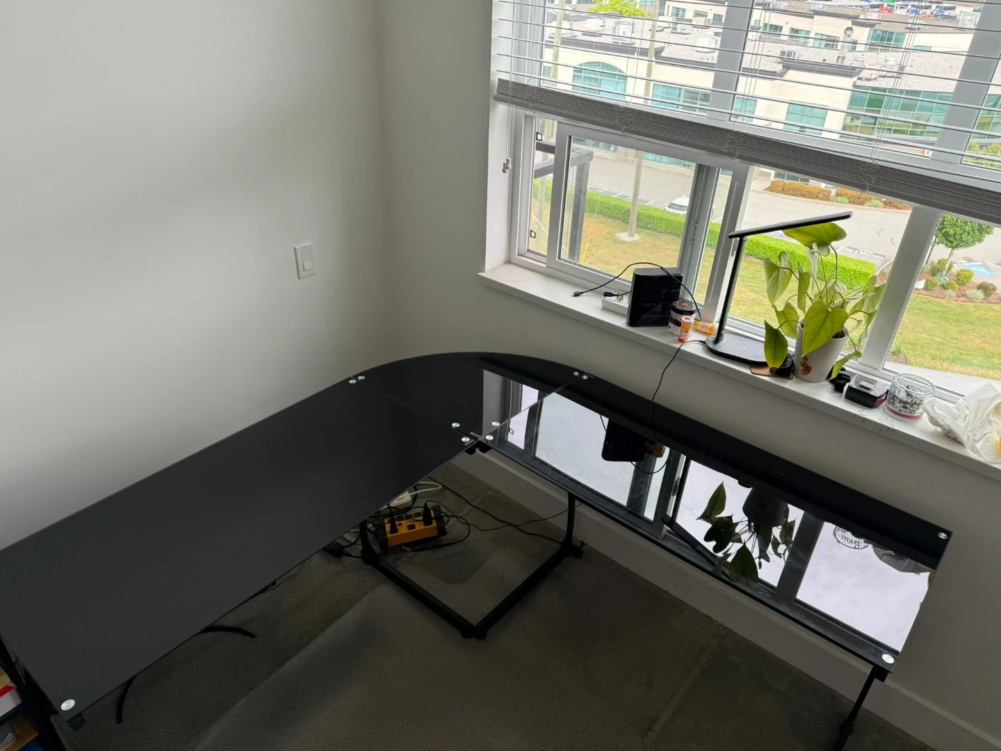 Black L-Shaped Glass Desk