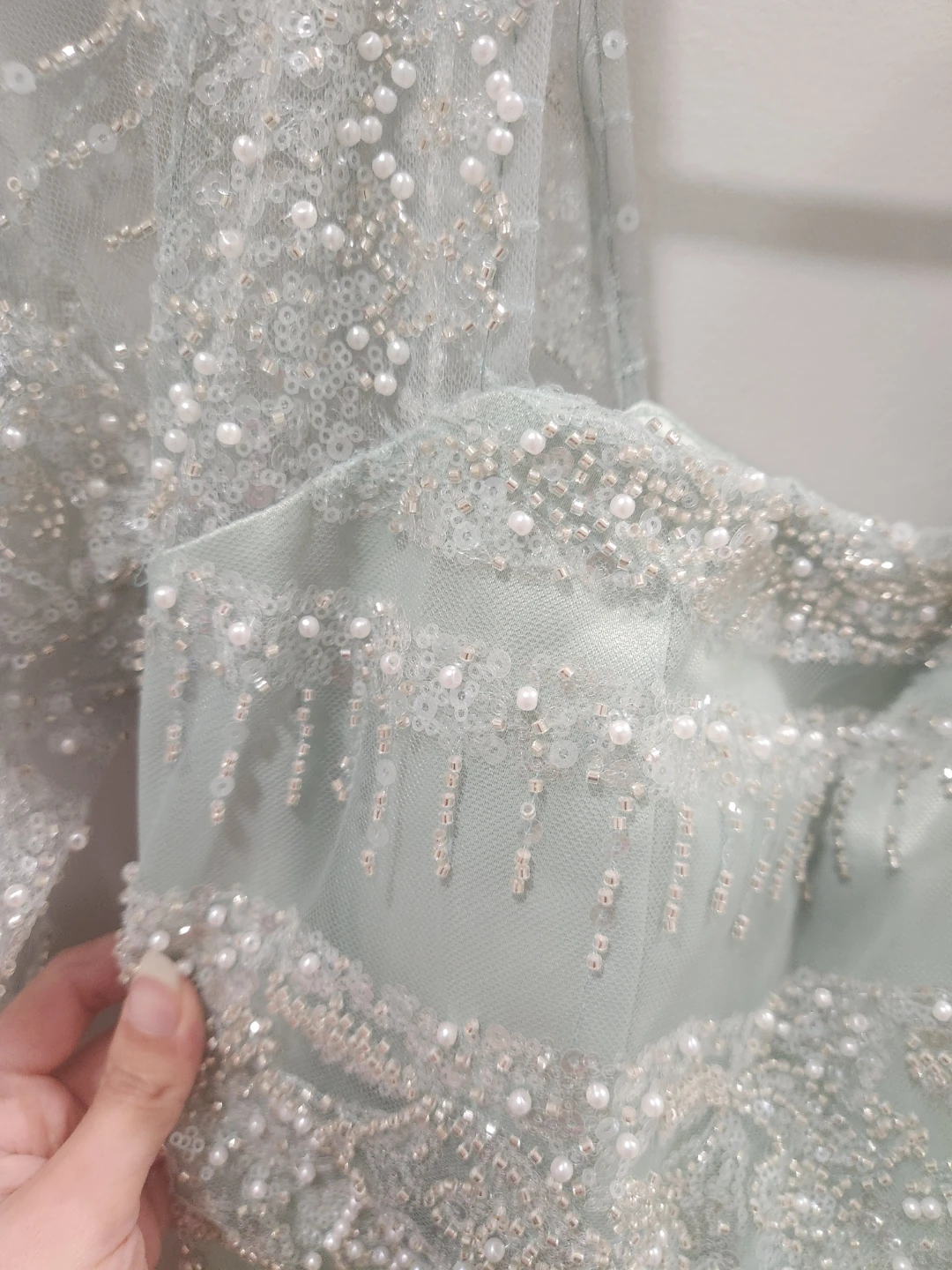 Mint Green Beaded Evening Gown with Sheer Sleeves - photo 2