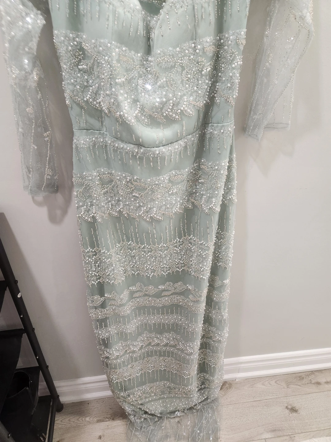 Mint Green Beaded Evening Gown with Sheer Sleeves - photo 5