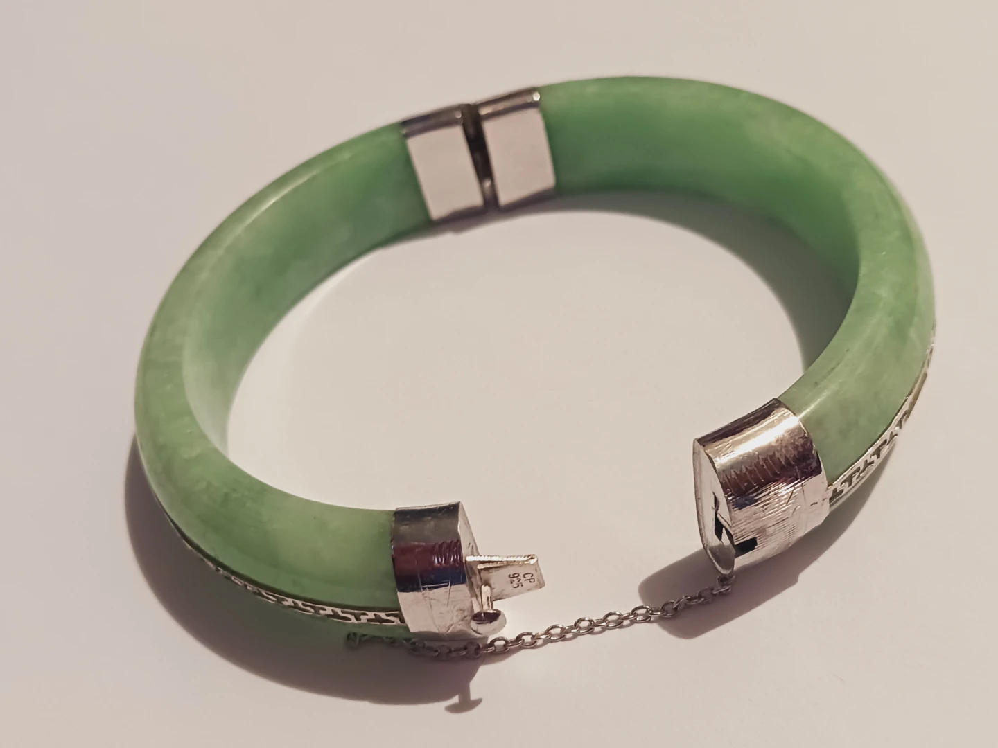 Sterling Silver 925 Genuine Jade Hinged Bracelet - photo 4
