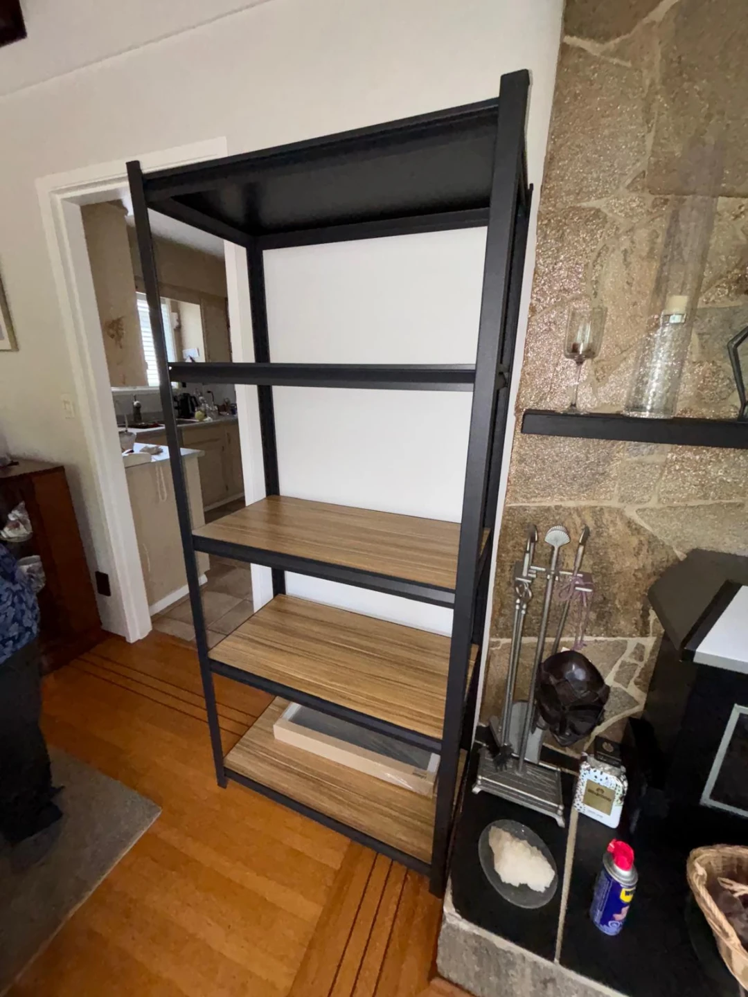 Black Metal 4-Tier Shelf Unit with Wood-Look Shelves