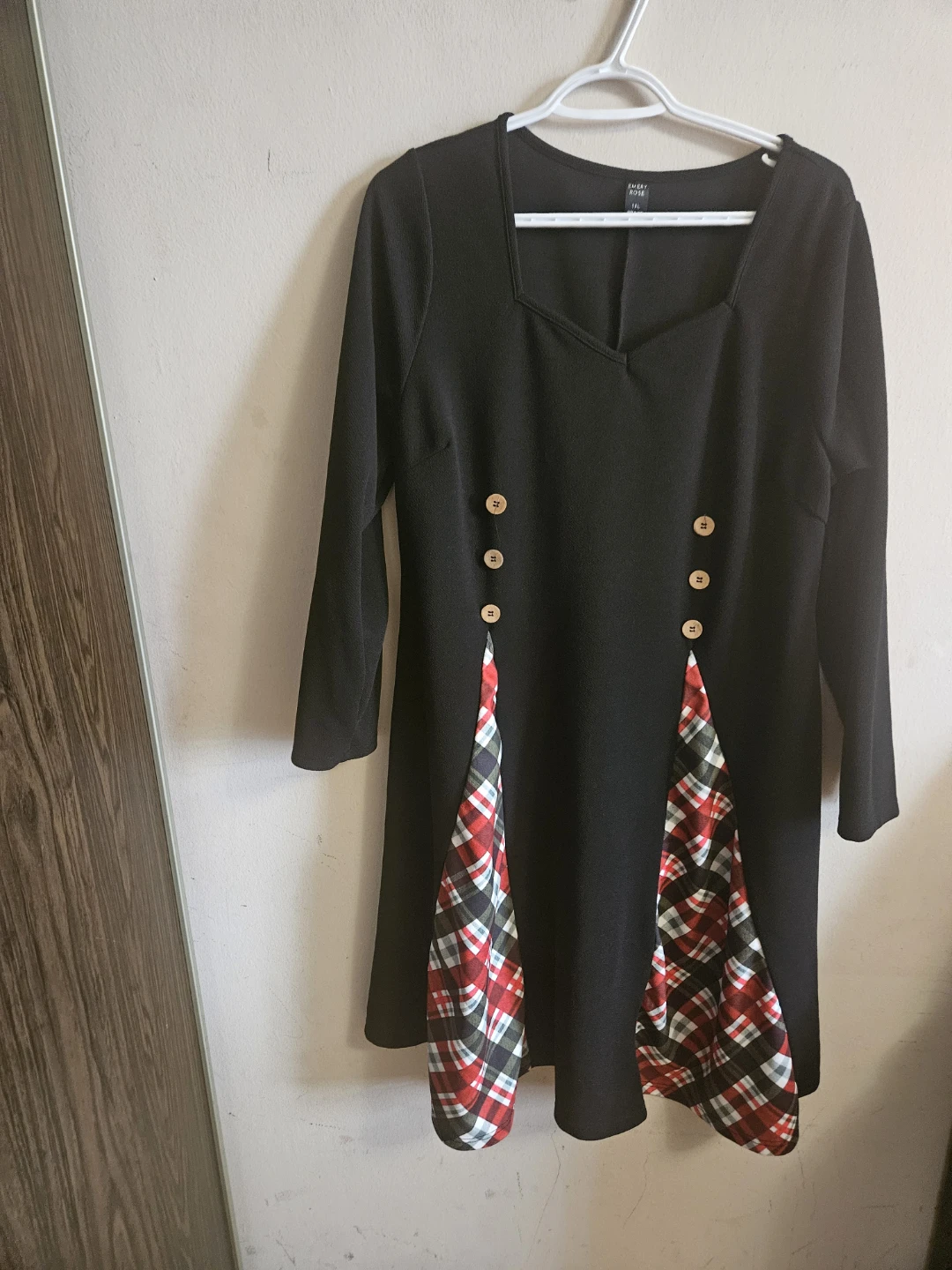 Black Long Sleeve Dress with Plaid Accents