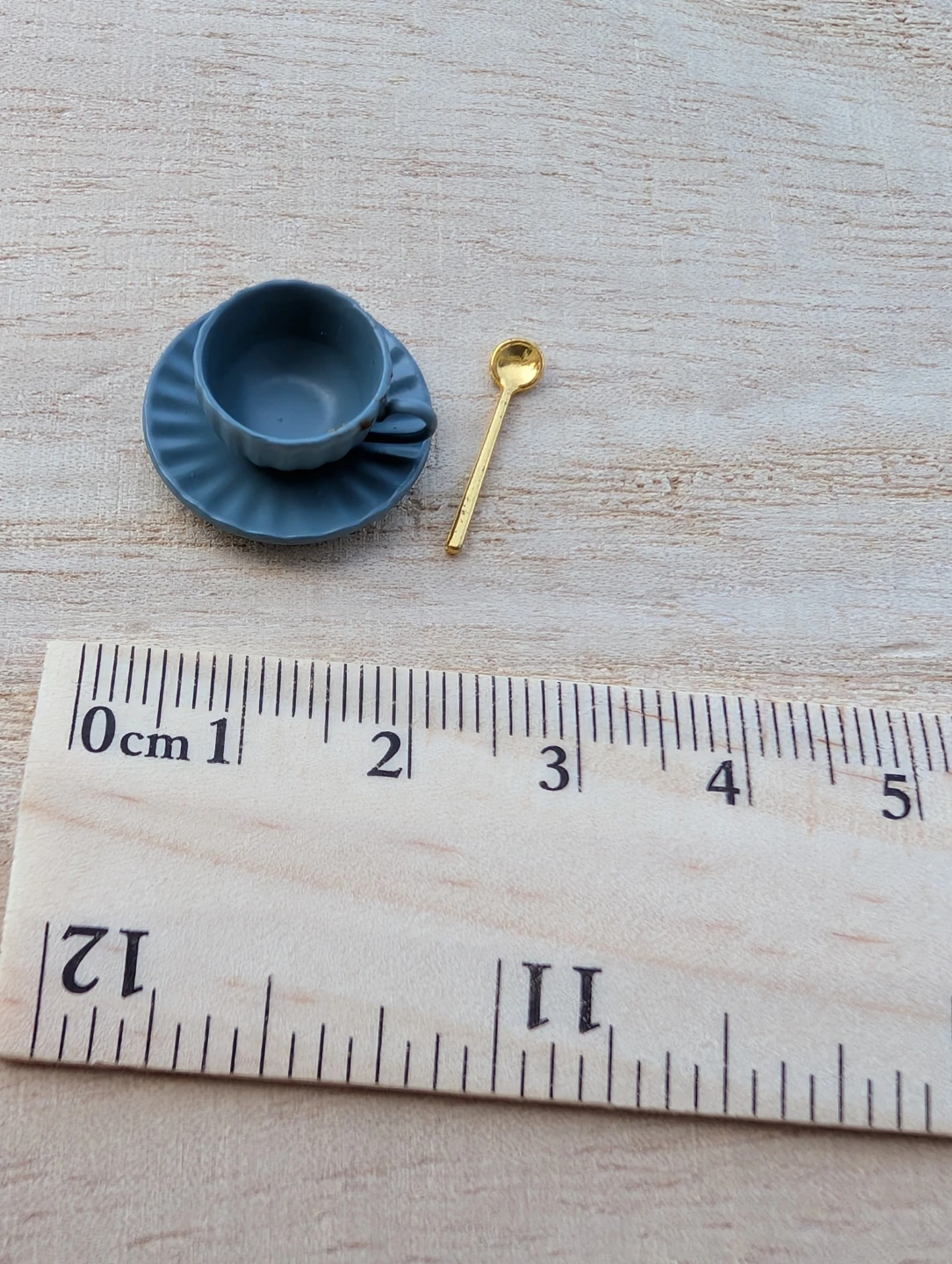Miniature Blue Teacup Saucer and Spoon doll mini food item
