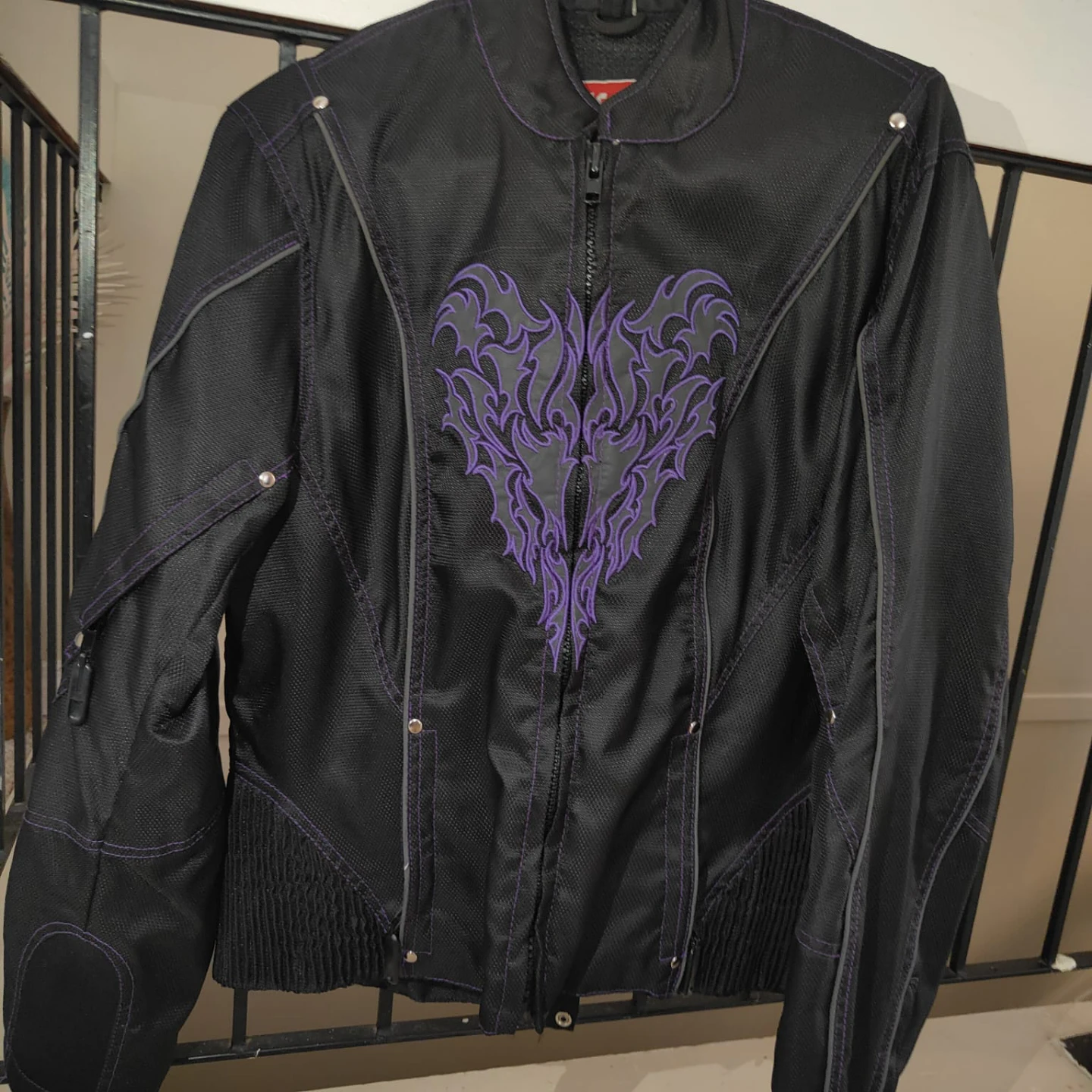 Black Motorcycle Jacket with Purple Flame Heart Design