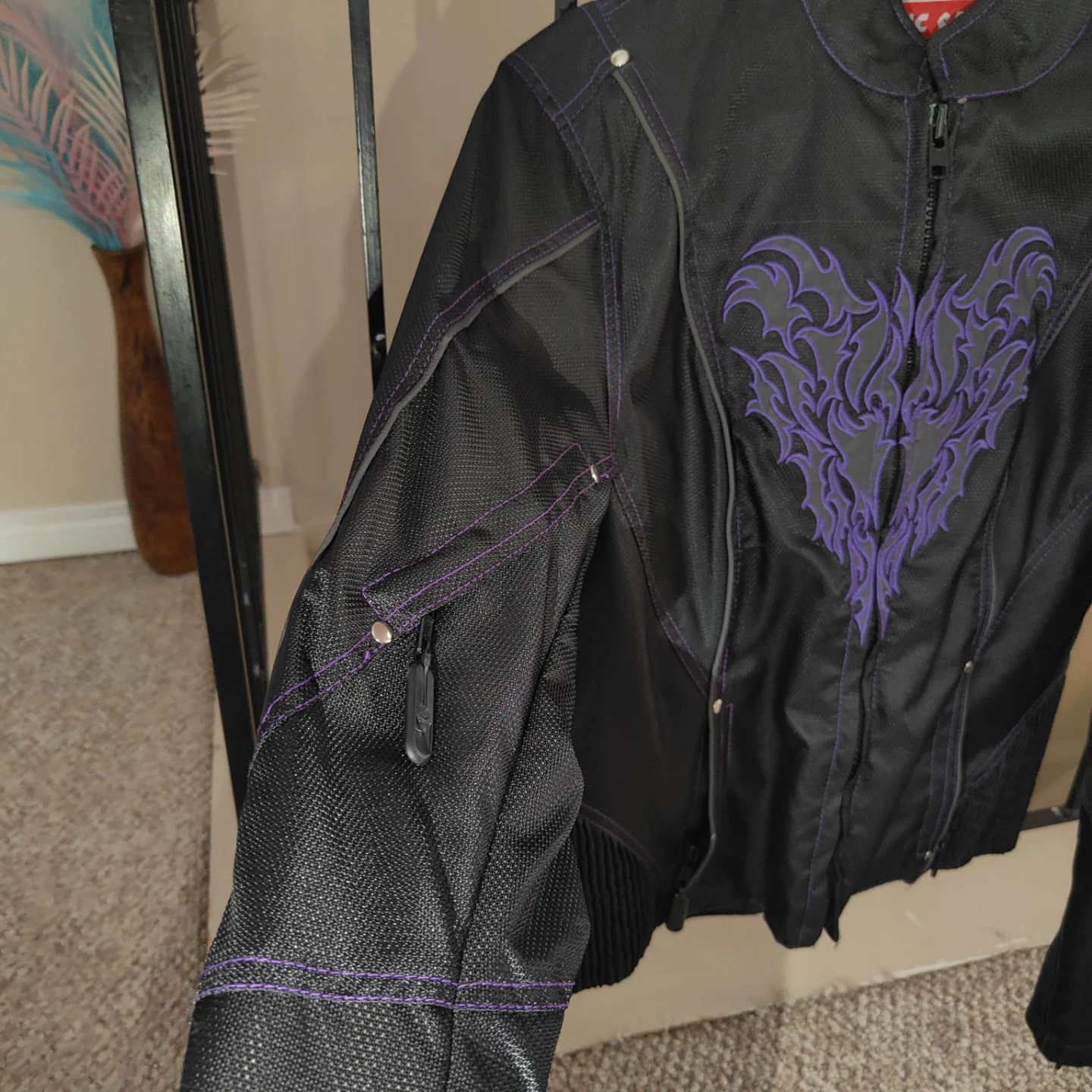 Black Motorcycle Jacket with Purple Flame Heart Design - photo 3