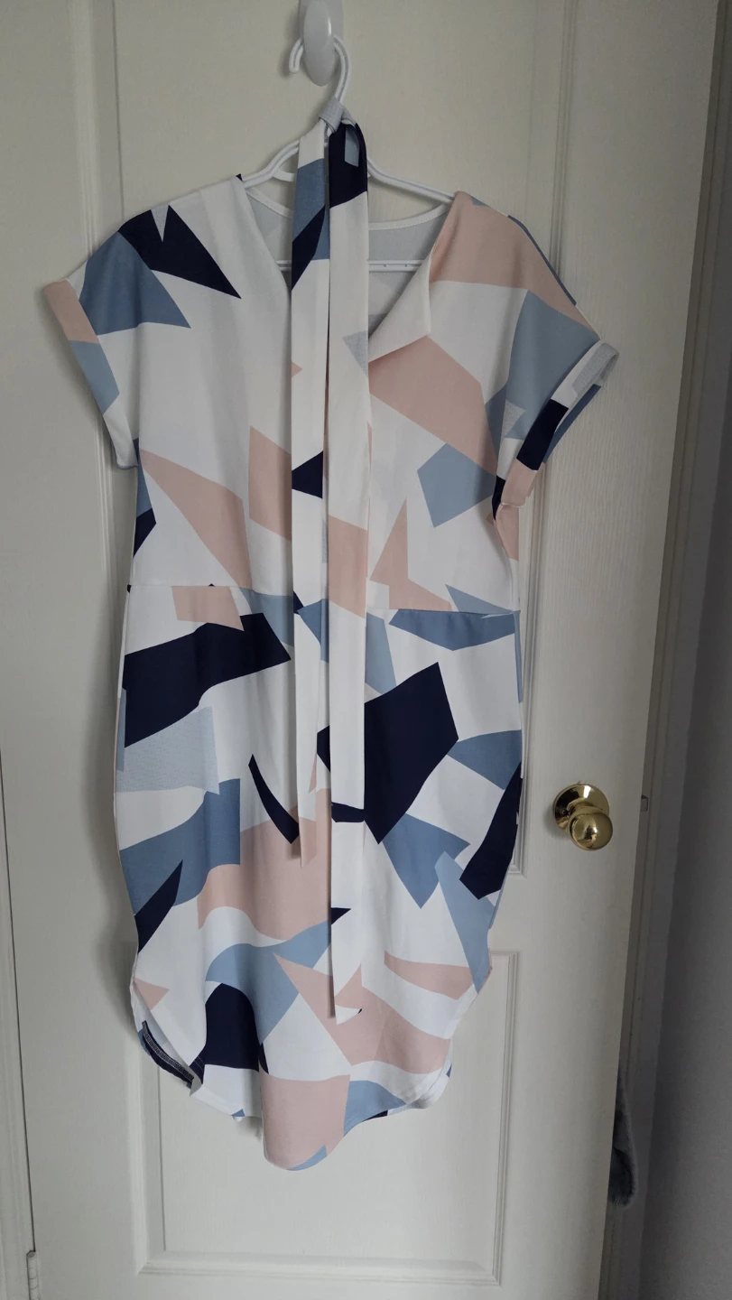 Geometric Print Dress with Tie Neck