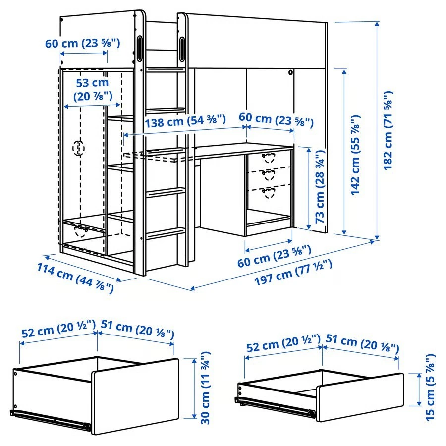 White Loft Bed with Desk and Storage