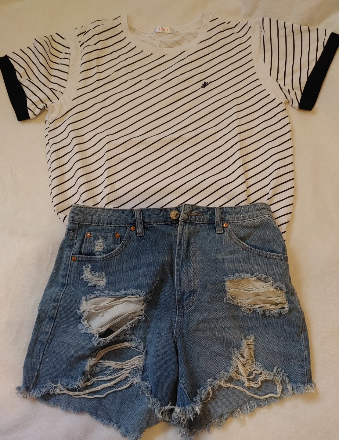 SMJ Striped T-Shirt and Almost Famous Distressed Denim Shorts